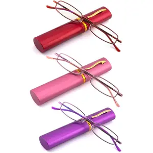 3 Pack Slim Pocket Reading Glasses for Men Women Blue Light Blocking Compact Readers Spring Hinge Metal Frame Eyeglasses with Portable Pen Clip Tube Case (Red Pink Purple,1.25)