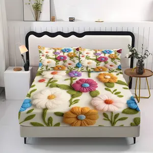 3-Piece Colorful Knitted Floral Print Bedding Set, Includes Fitted Sheet & 2 Pillowcases, Breathable Polyester Fiber