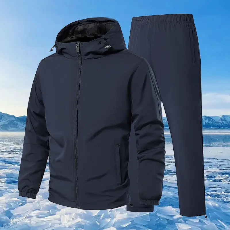 Men’s outdoor hooded hardshell jacket set for spring and autumn, stretchy and breathable casual sports set