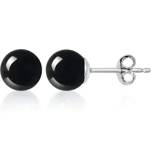 Black Obsidian Stud Earrings in Silver Silver, Black Stud Earrings for Women Men