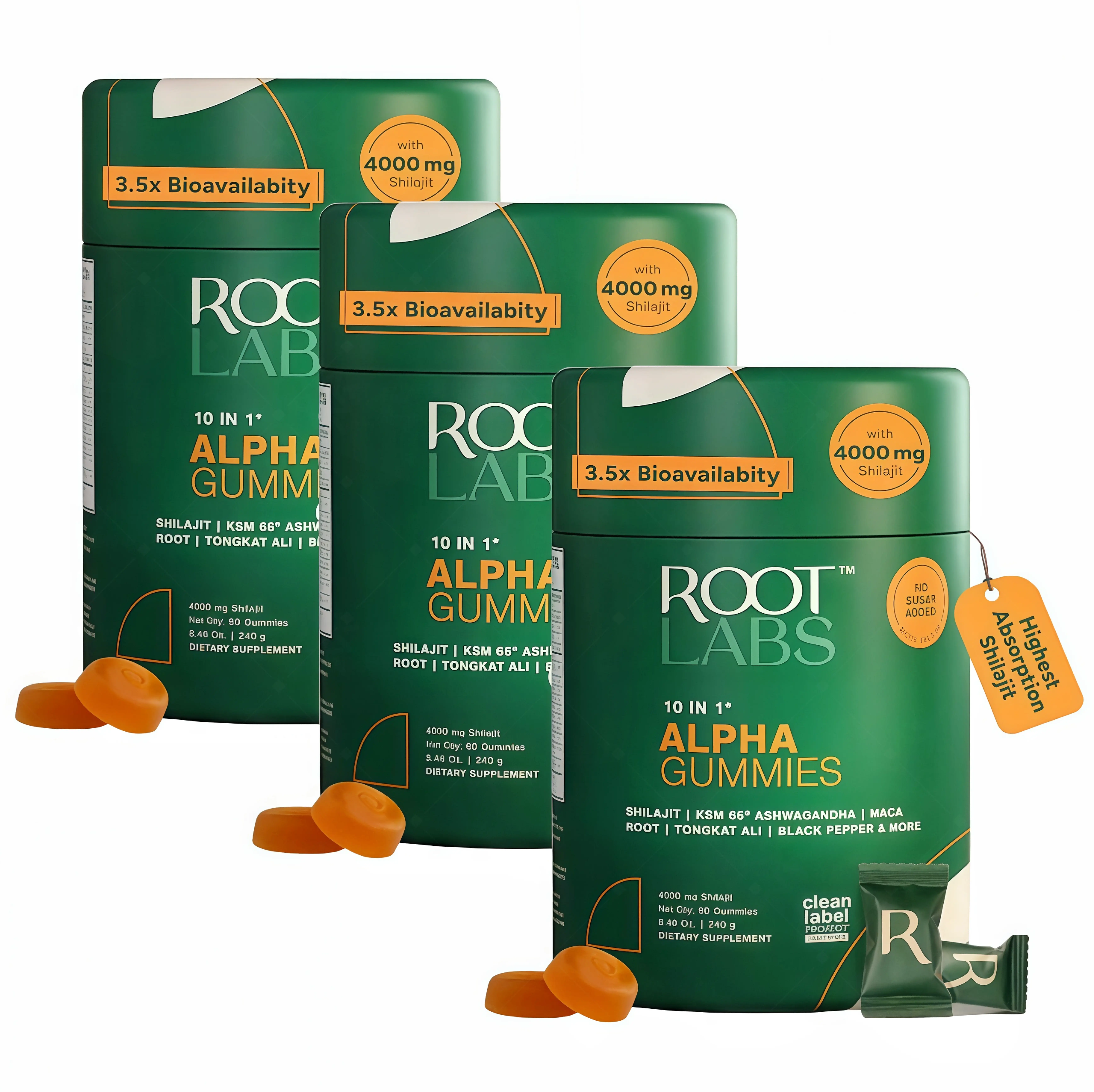 3 Piece Root Labs Alpha 10-in-1 Shilaiit Gummies 4000 mg Holiday Gift YE-Ready Energy Stamina & Focus Zero Sugar KSM-66 Ashwagandha, Tongkat Ali, Maca Vegan 60 Count Vitamin Supplement