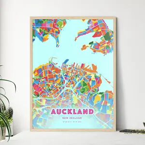 Auckland New Zealand Crazy Colorful Art Map Customizable Poster Print Unique Wall Decor Personalized Gift