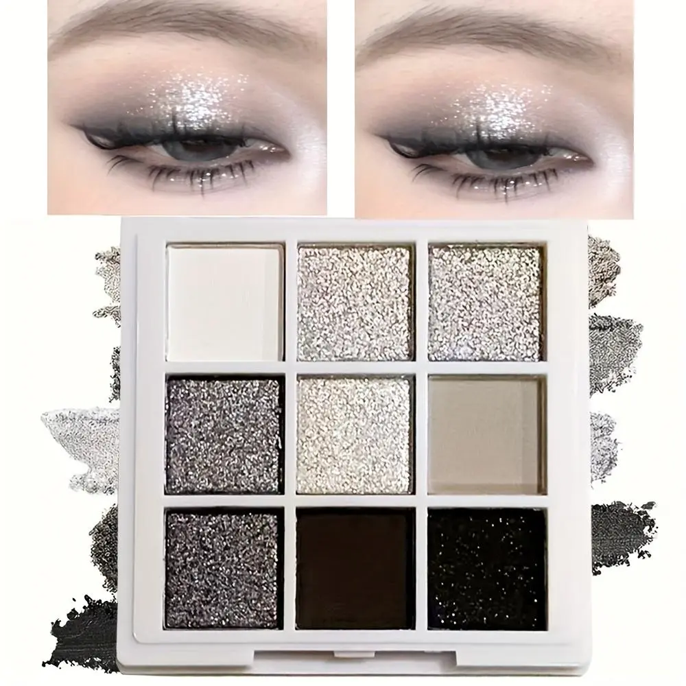 9-Color Smoky Eyeshadow Palette Featuring Deep Black, Gray, And Silvery Shades with Both Shimmer And Matte Finishes, Perfect Creating a Smoky Look. It Has Pearl And Matte Effects, Is Waterproof And Sweatproof, Making It Ideal Festivals, Nine-Color Eyesh