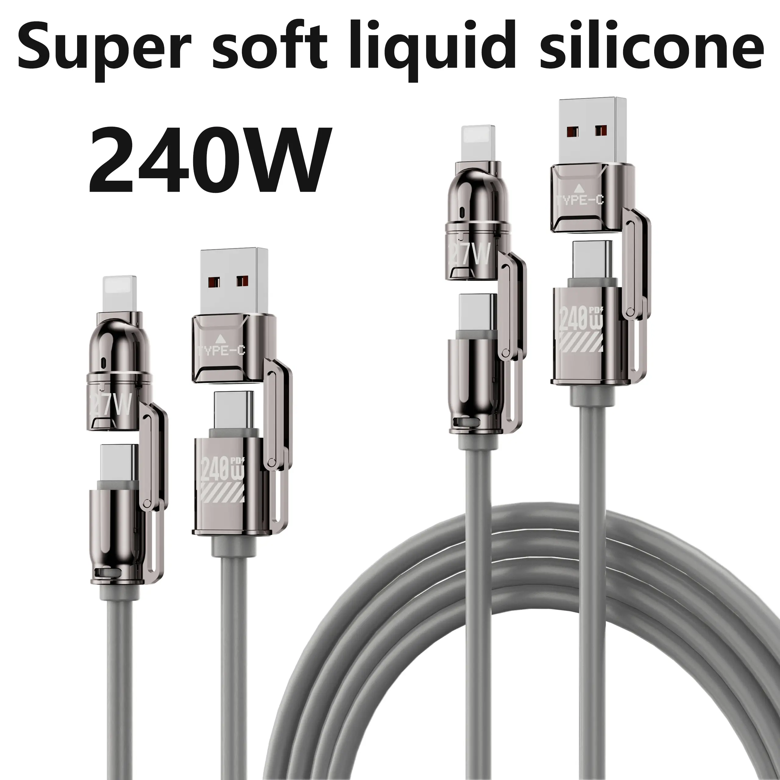 240W Fast Charger Set with Super Soft Liquid Silicone & Alloy Aluminium, Fast Charging Adapter + 3.9FT 4-in-1 USB A-Type C Data Sync Cable for Smartphone, Cellphone, Android, Electronic Devices with Protection