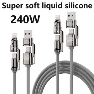 Super soft liquid silicone 240W Fast Charger Set, Fast Charging Adapter with 3.9FT 4-in-1 USB A+Type C Data Sync Cable For PhonesTablets and Computers Alloy Aluminium