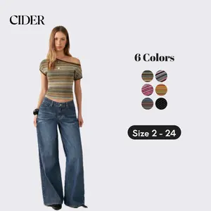 Cider Striped Asymmetrical Neck Short Sleeve Top