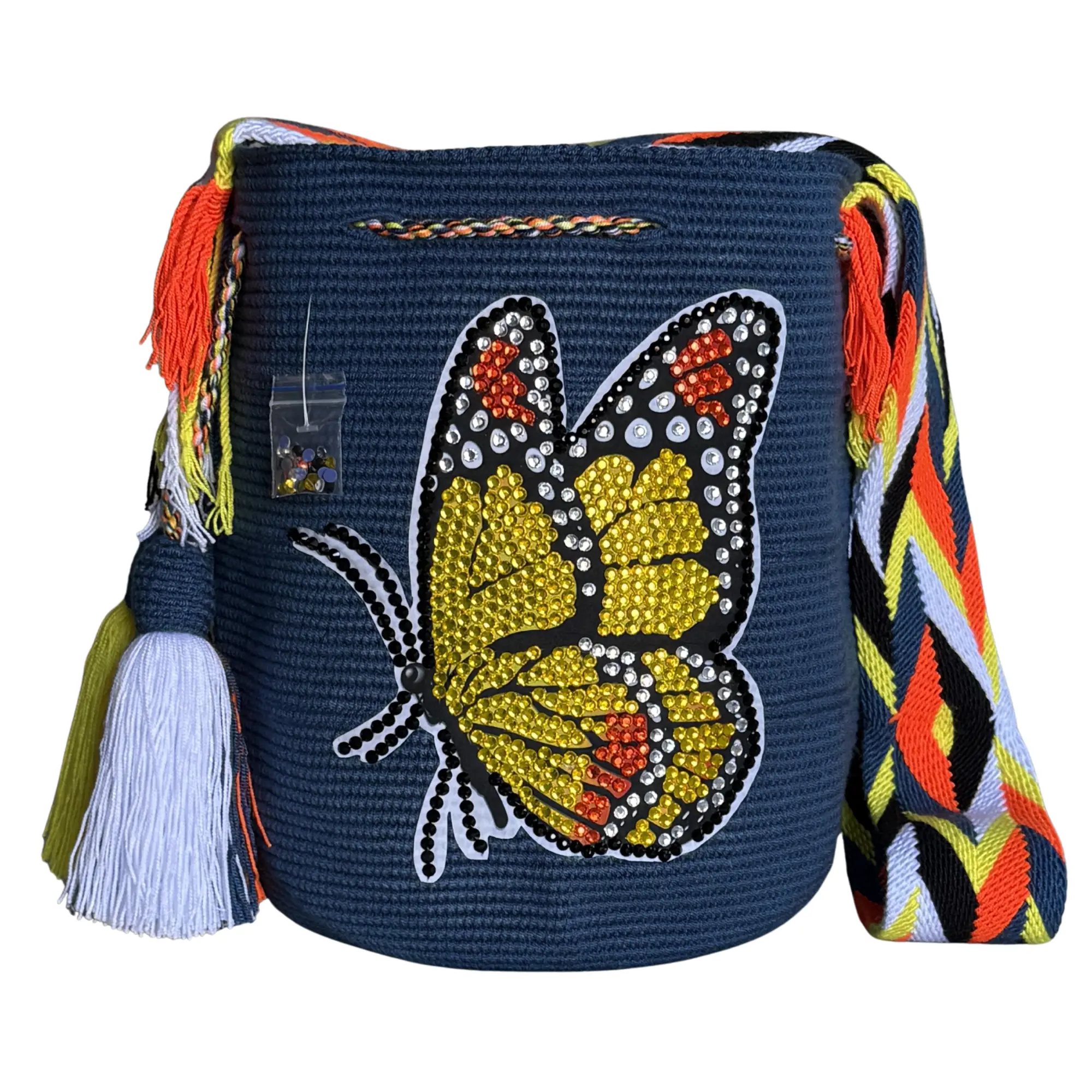 Women's Casual Handwoven Artisan Craftsmanship Beaded Wayuu Crossbody Bag - Lightweight Elegant Fashionable Bag, Artisan Crochet Purse with Crystal-Embellished Butterfly Design, Fashionable Bags