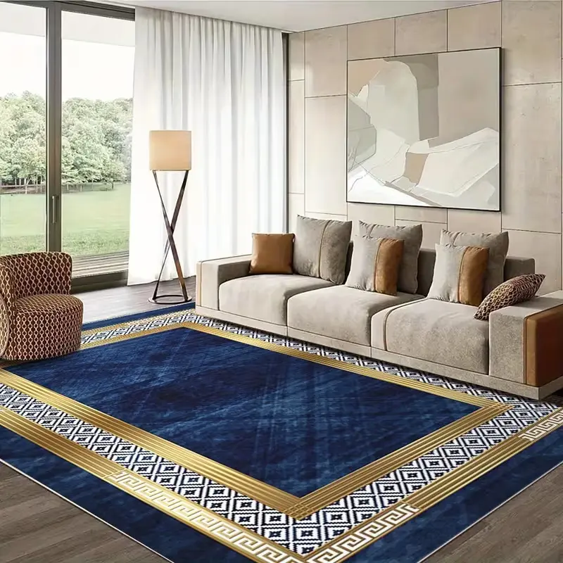 Living room rug with blue and gold patterns; a soft and comfortable low-pile rug with a non-slip design; machine washable and easy to maintain; foldable; suitable for dining rooms, home offices, offices, bedrooms, and other home decor settings