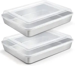 12.3’’ x 9.75’’ x 2’’ Stainless Steel Rectangular Lasagna Pan with Lid, Non-Toxic Heavy Duty Baking Pan for Cake Brownie, Brush Surface Deep Side, Dishwasher Safe - 2 Pans + 2 Lids