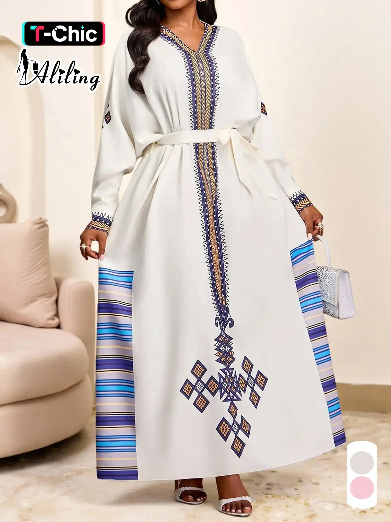 Elegant Geometric Print Women's Dress, V Neck Long Sleeve Self-Tie Belt Dress, Casual Loose-Fitting All-Season Fashion Womenswear