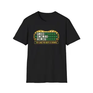 Men's Ribbed Knit Round Neck Breathable Print T-Shirt, WOF Puzzle Hidden Message Tee, Funny "I’d Like to Buy a Vowel" Meme Viral Humor Gift