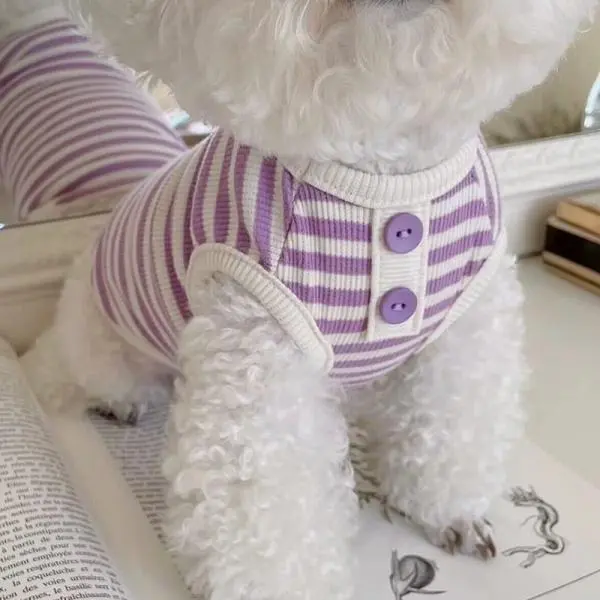 Small Breeds Pet Sleeveless Striped Waffle Jumpsuit - Decorative Buttons, Breathable Polyester Fiber Skin-Friendly Summer Dog & Cat 1-Piece Outfit