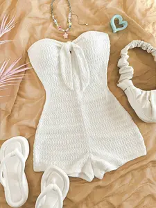 Meghana Soleia Women's White Knit Texture Front Tie Halter Jumpsuit, Fitted, Suitable For Party, Date, Valentine's Day, Sexy Romantic, Carnival, Beach, Cruise, Afternoon Tea