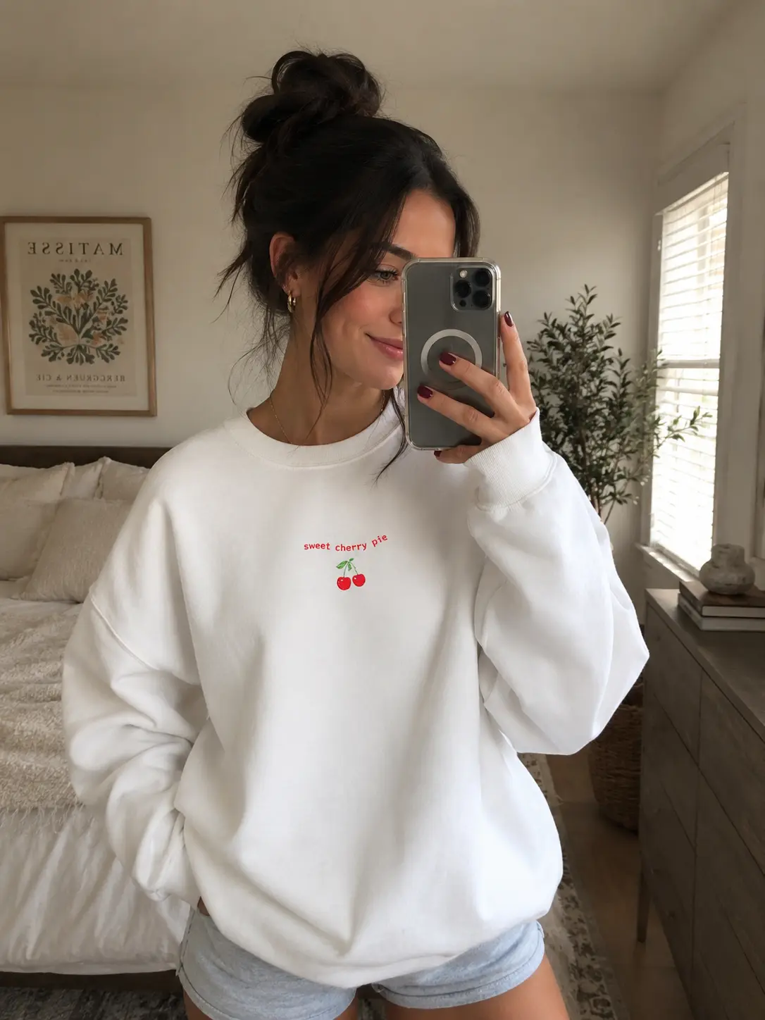 Women's Knit Ribbed Lightweight Casual Embroidered Cherry "Sweet Cherry Pie" Illustration Crewneck Cotton Pullover Tops