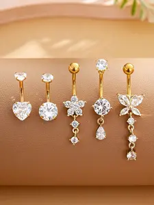 Stainless Steel Belly Button Rings Set, Navel Piercing Jewelry, 18K Gold Plated With Butterfly, Water Drop, Heart Shaped Zirconia Stones, Sexy Piercing Jewelry For Women Daily Wear
