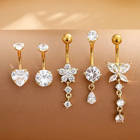 Stainless Steel Belly Button Rings Set, Navel Piercing Jewelry, Body Jewellery, 18K Gold Plated With Butterfly, Water Drop, Heart Shaped Zirconia Stones, Sexy Body Piercing Jewelry For Women Daily Wear