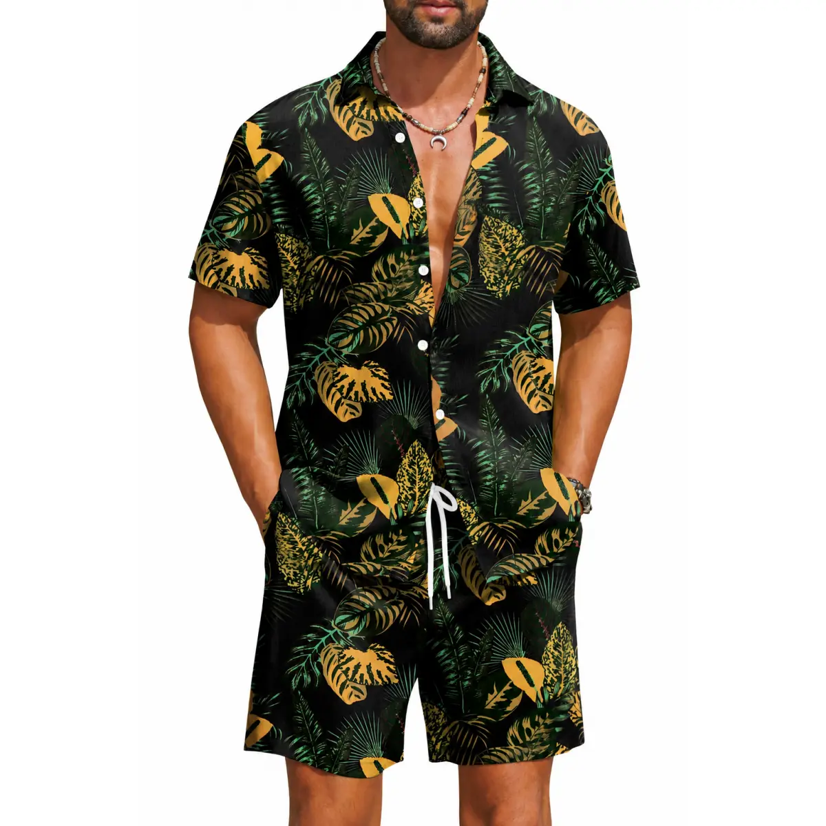 Men's 2 Piece Hawaiian Outfit, Tropical Floral Short Sleeve Button Down Shirt and Matching Drawstring Shorts, Lightweight Breathable Quick Dry Beachwear for Summer Vacation, Resort, Cruise, Pool Party, Luau, Festival and Casual Travel