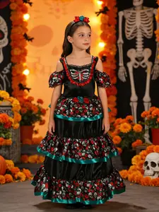 Flower Skull Dress, Gothic Style, Multi-Layer Skirt, Perfect for Halloween & Theme Parties, Dark Fashion, Women's Costume, Clothes