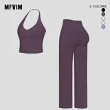 MFVIM Women's 2-Piece Yoga Sports Activewear Set - Halter V-Neck Cropped Workout Top, High-Waisted Butt-Lifting Wide-Leg Pants, Soft Second-Skin Run-to-Yoga Women's Fashion Clothing Kit for Pilates, Workout