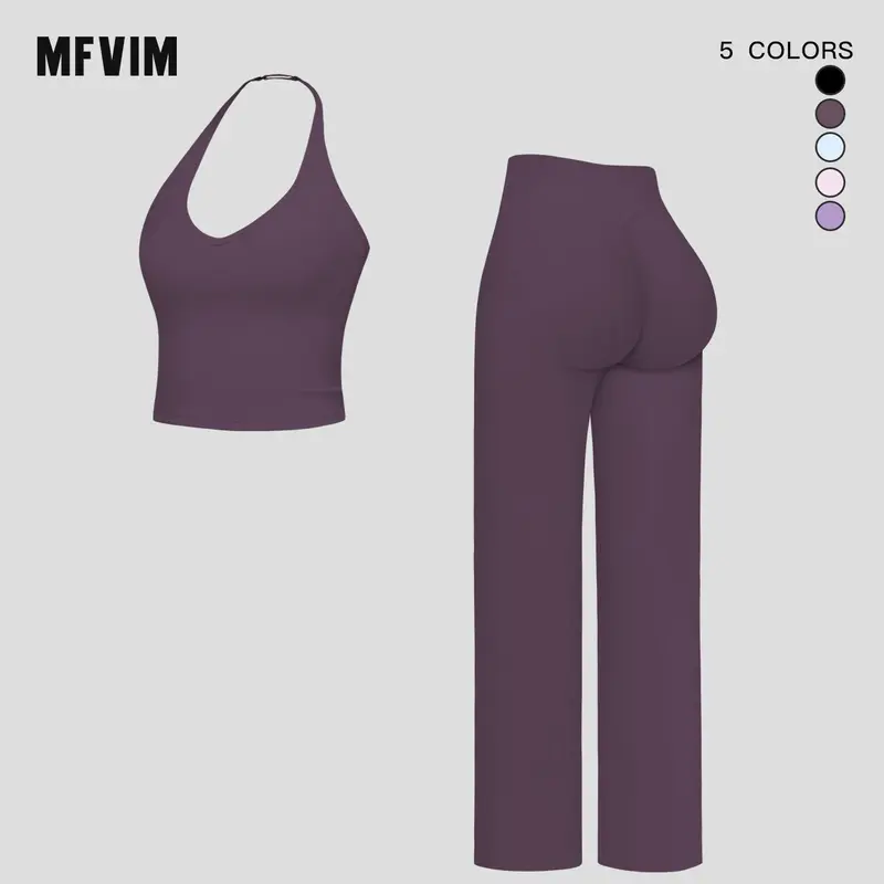 MFVIM Women's 2-Piece Yoga Sports Activewear Set - Halter V-Neck Cropped Workout Top, High-Waisted Butt-Lifting Wide-Leg Pants, Soft Second-Skin Run-to-Yoga Women's Fashion Clothing Kit for Pilates, Workout
