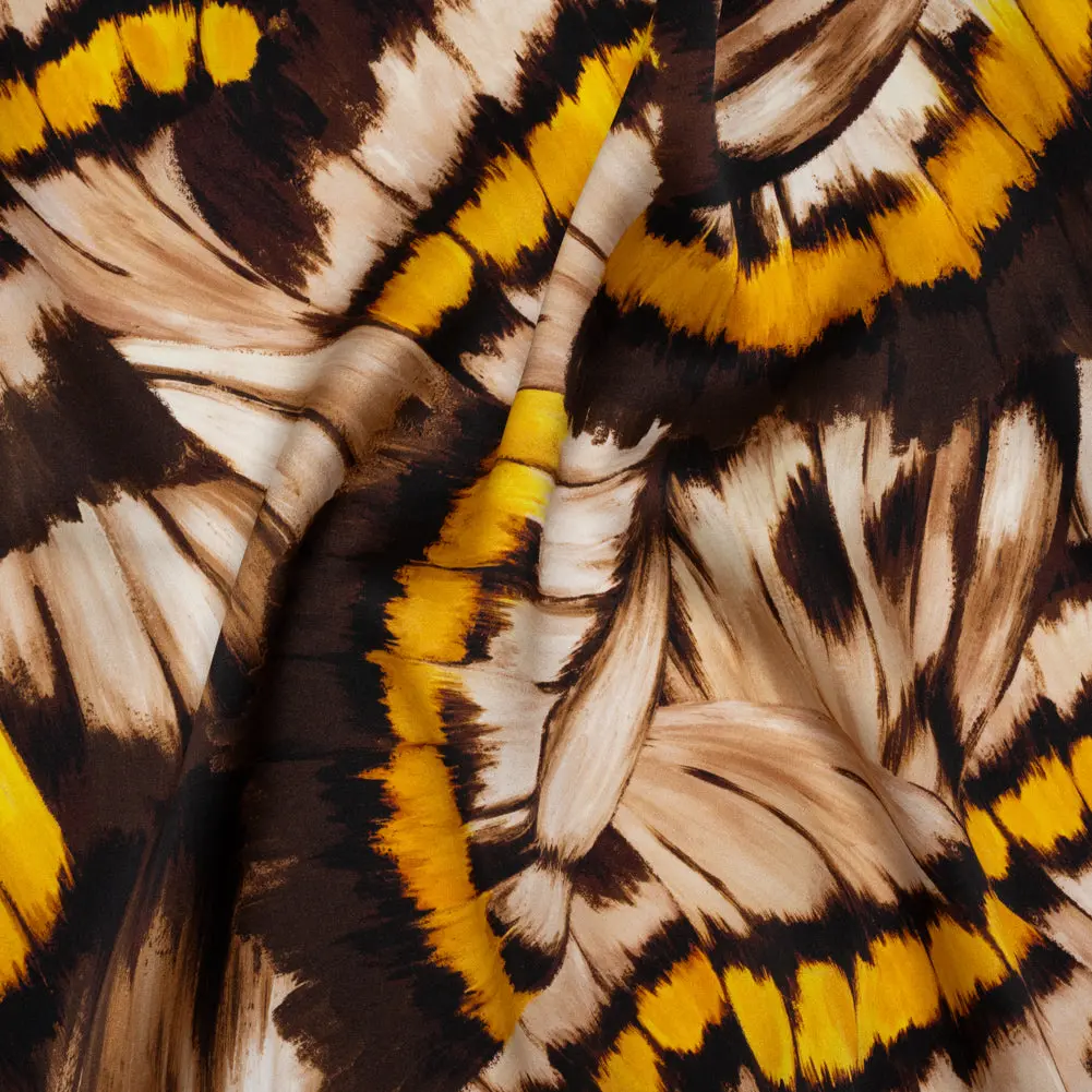 Silk Charmeuse Print 16MM, Made in Italy - Brown, Beige and Golden Yellow Butterfly Wings