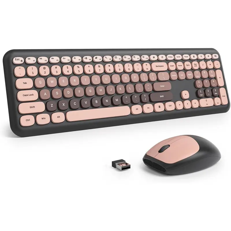 Cute Colorful Keyboard and   Silent, Full-Size Retro Typewriter  Quiet Black and Pink Keyboard Low-Noise 2.4GHz for Computer, Desktop, Laptop(6-Heimei)