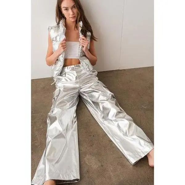 SILVER WIDE LEG CARGO PANTS