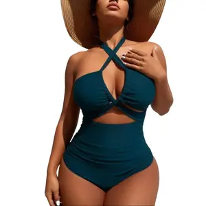 Teal halter cross cutout one-piece swimsuit | Tummy control ruched swimwear crisscross halter neck one-piece swimsuit with midriff cutout dark green ruched one-piece swimsuit | Halter neck tummy control bathing suit