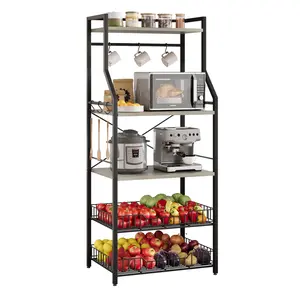 [FLASH SALE] Garvee Kitchen Bakers Rack, Microwave Oven Stand with 2 Large Wire Baskets, Industrial Coffee Bar Station, 5-Tier Kitchen Utility Storage Shelf with 8 Hooks for Spice, Pots Organizer, Black,Rustic Gray,Brown