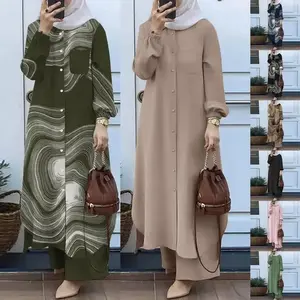 Women Eid Musulman Ramadan Muslim Sets Solid Shirts Wide Leg Pants Islamic Clothing Two Pieces Dubai Kaftan Prayer Clothes Plus Size Jilbab Casual