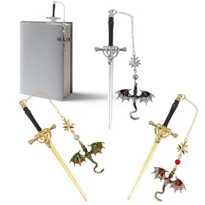 4Pcs Bookmark Wing Dragon Sword Design Lightweight and Portable Metallic Texture Bookmark Key Pendant Present for Book Lover