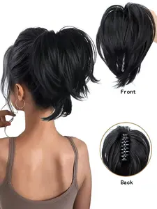 8-inch Clip-On Ponytail, Natural Fake Ponytail, Synthetic Hair Short-Hair Clip-On Black Straight Ponytail Synthetic Fiber Women's Straight Synthetic Ponytail Extension Natural Volume, Easy to Wear Heat-Resistant, Suitable for All Occasions
