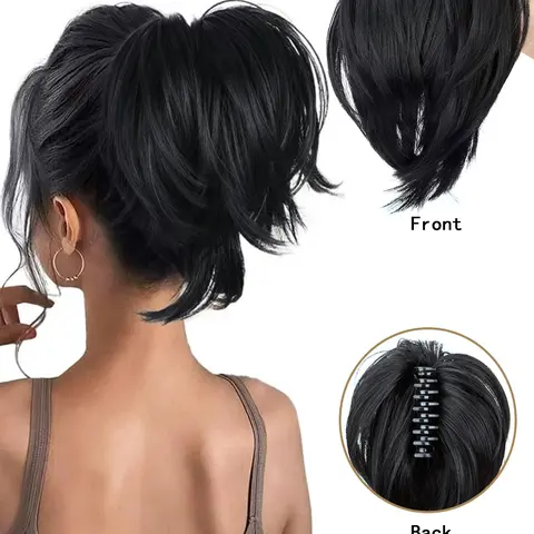 8-inch Clip-On Ponytail, Natural Fake Ponytail, Synthetic Hair Piece, Synthetic Hair Short-Hair Clip-On Black Straight Ponytail Synthetic Fiber, Easy to Wear Heat-Resistant, Suitable for All Occasions, Synthetic Hairpiece, Synthetic Hair Hairpieces