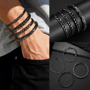 4Pcs Retro Titanium Steel Black Bracelets Set Multi-layer Punk Cuban Twist Chain Hip Hop Handmade Chunky Chain Stackable Bracelet Festivals, Birthdays, and Special Occasions Party Jewelry Valentine's Day Gift