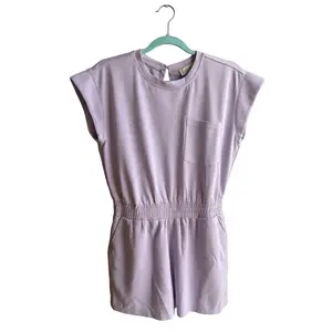 Women's Fitted Short-Sleeve Lilac Scuba Romper with Cap, Smocked Detail & Slit - Queen Bee Customs Active Wear