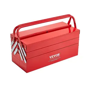 VEVOR Metal Tool Box, 14 - inch, 2 - Tier 3 - Tray Portable Folding Tool Chest Organizer with Handle Lock Hole, Powder Coated Steel, Cantilever Toolbox for Household Factory Warehouse Repair Shop, RedVEVOR Super Brand Day