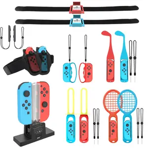 Switch Sports Accessories Bundle-Tennis Rackets, Adjustable Golf Clubs, Chambara Swords, Soccer Leg Straps, Wrist Band, Joycon Strap, Charging Dock