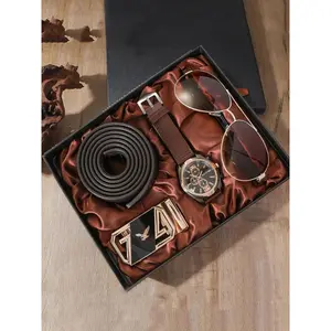 Men's Business Fashion Watch & Belt & Sunglasses & Eagle Design Belt Buckles Set, Trendy Wristwatch & Accessories, Exquisite Watch Set for Men