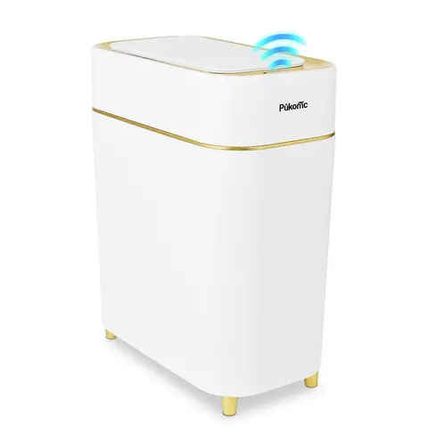 Pukomc Automatic Touchless Trash Bin - Wave-Knee Induction, Quiet Quick Open, Removable Liner, Battery-Powered ABS White Gold Automatic Bathroom Trash Can, Bathroom Gadget, Household Decor for Convenience