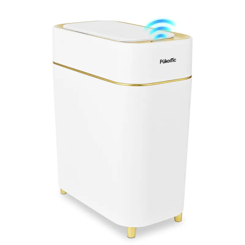 Pukomc Automatic Touchless Trash Bin - Wave-Knee Induction, Quiet Quick Open, Removable Liner, Battery-Powered ABS White Gold Automatic Bathroom Trash Can, Bathroom Gadget, Household Decor for Convenience
