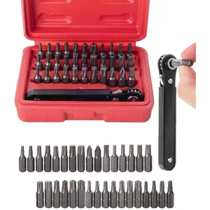 Mini Ratchet Set, 34 pcs, 1/4-Inch Drive, Cr-V Steel, Security Bit Set, Right Angle Screwdriver, 90 Degree Screwdriver, Torx Plus/Torx/Phillips/Slotted, Red Storage Box