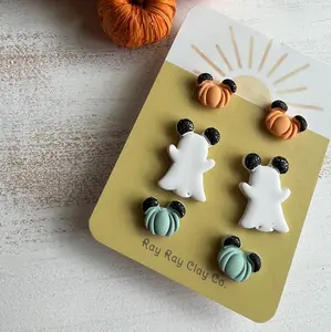 Pumpkin and ghost mouse head polymer clay earrings stud pack