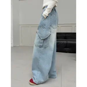 Girls' Denim Jeans, Spring Outfit, Teen Korean Style Loose-Fit Cargo Pants with Heart Pockets, Versatile Wide-Leg Trousers for Girls. Suitable for All Seasons, These Outdoor Sport, School Outing, Cycling, and Dance Denim Cargo Pants Are Also Great