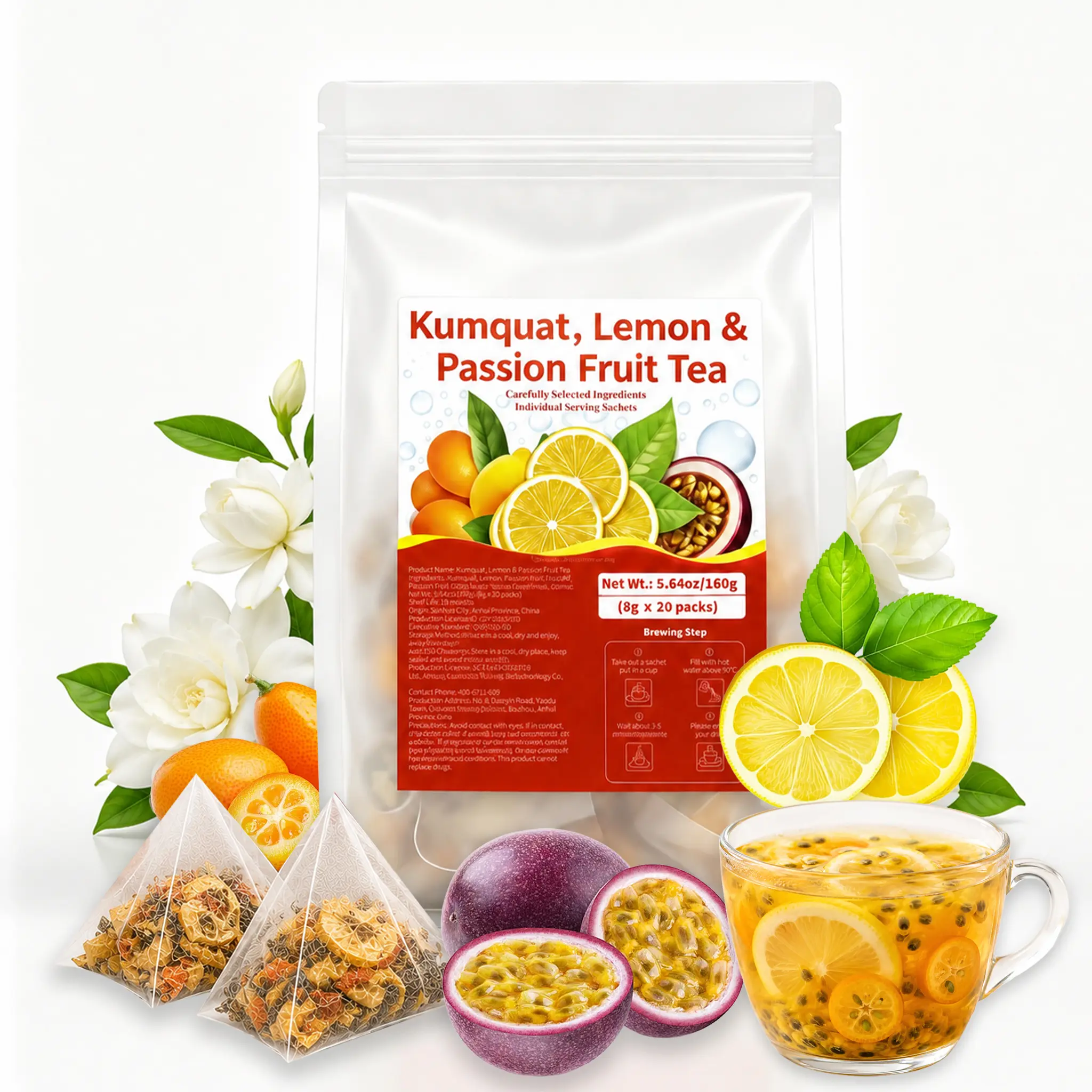 Kumquat Lemon Passionfruit Tea Bags, Dried Fruit Tea Sachets, Natural Refreshing Herbal Fruit Tea Blend, 20 Tea Bags (160g / 5.64oz)