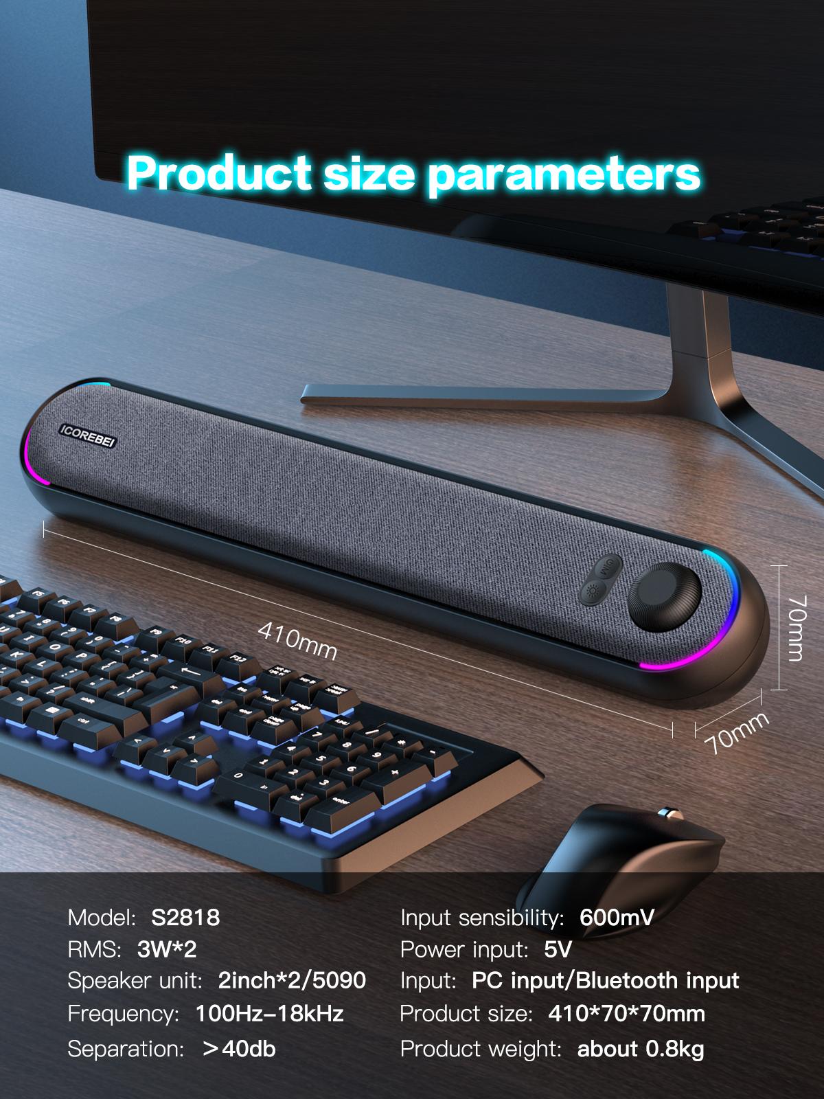 ICOREBEI Desktop Computer Speaker/Soundbar, compatible with Mac, desktop, laptop, tablet, monitor, and PC, plug and play, USB to USB-C power supply and audio transmission; Bluetooth 5.3, RGB lighting, wired gaming speaker.