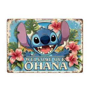 DISNEY CLASSIC Lilo & Stitch "Welcome Our Ohana" Vintage Metal Tin Sign - Retro Hawaiian Tropical Wall Decor, Rustic Stitch Quote Art for Home/Patio/Beach House, Perfect Disney Fan Gift