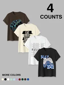 Men's Short-Sleeve T-Shirts Multipack - Game Controller & Gamer Slogan Graphic Apparel, "Eat Sleep Game Repeat" & "Level Up" Designs, Casual Street Style, Comfortable Relaxed Fit, Gaming Sessions, Hangouts & Daily Urban Wear, Stylish Tees for Gamer Enthus