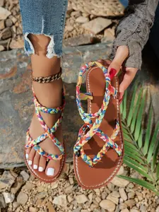 Women's Summer Woven Sandals, Colorful Floral Pattern, Comfortable Design, Elegant and Vibrant, Suitable for Casual Occasions