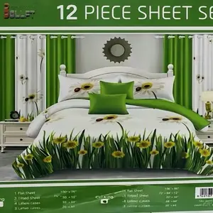 12 Piece Sheet Set   King Vibrant Nature Theme Green and White Bedding with Floral Grass and Daisies Complete Bedroom Makeover