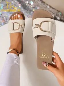 2026 women's popular round headed flat slippers, retro Vintage round button beach slippers, lightweight summer open toe sandals, comfortable to wear all day long